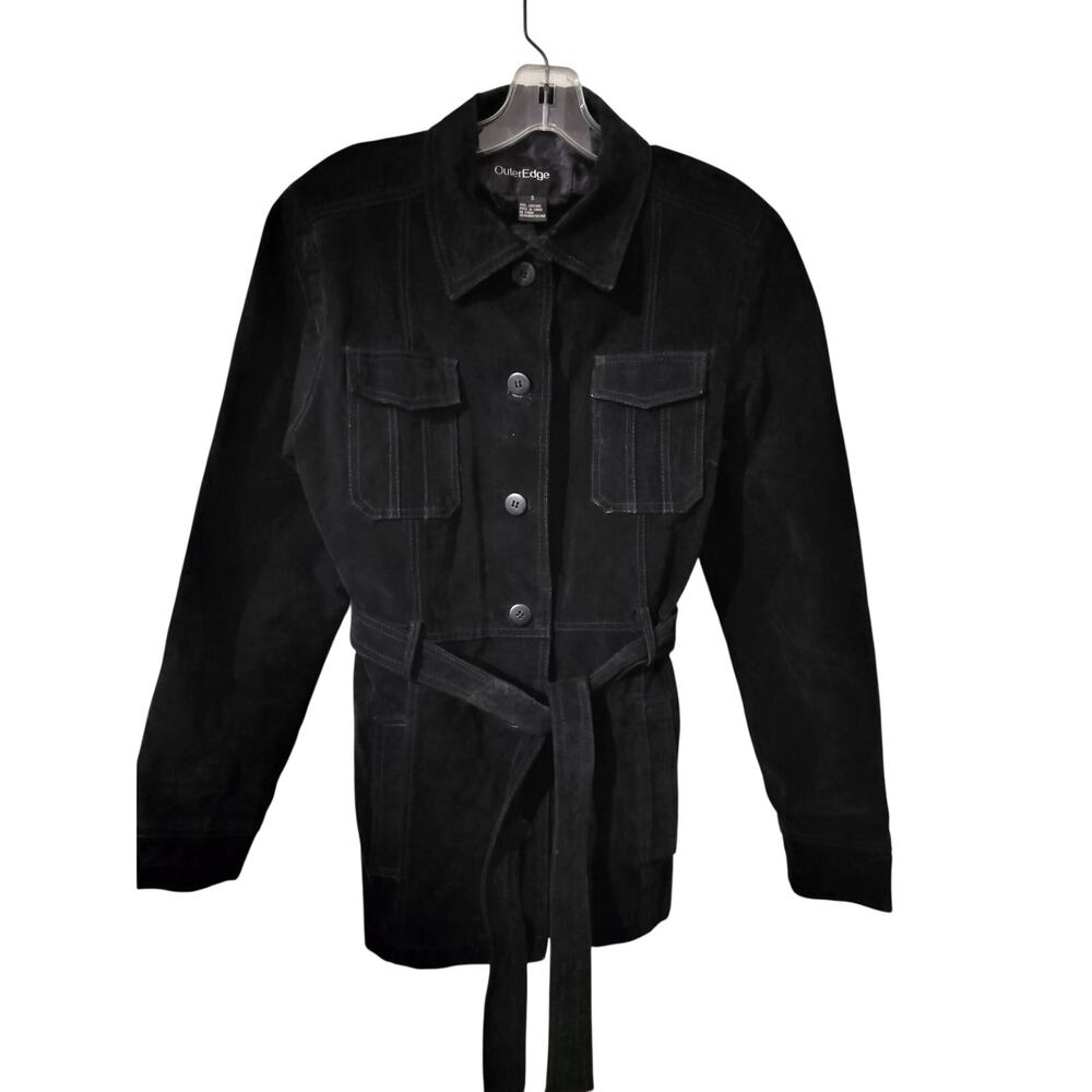 5955)Y2K Outer Edge Black Suede Belted Utility Safari Jacket Small